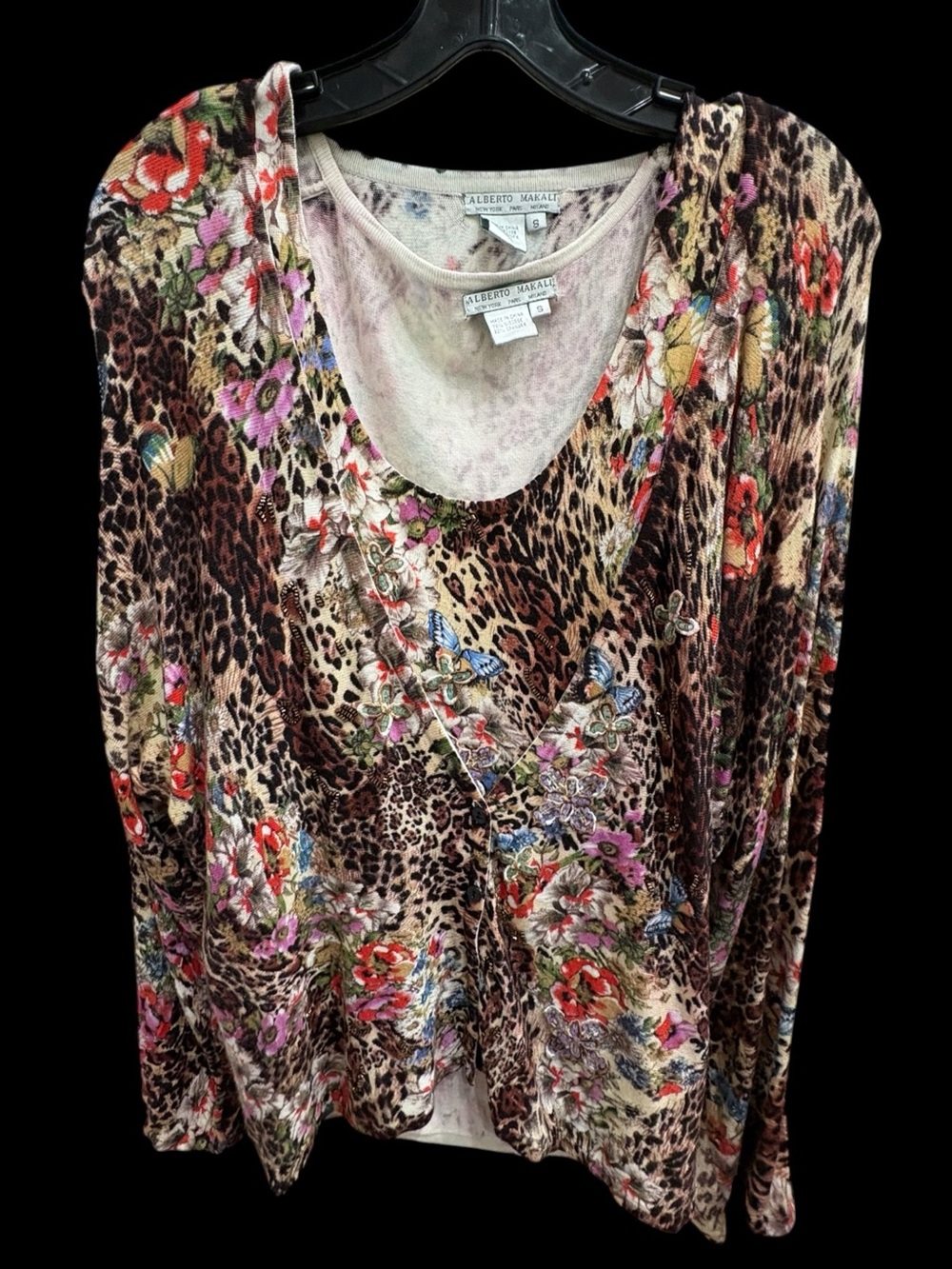 Alberto Makali Leopard Floral Embellished Top Two-Piece Set Size S